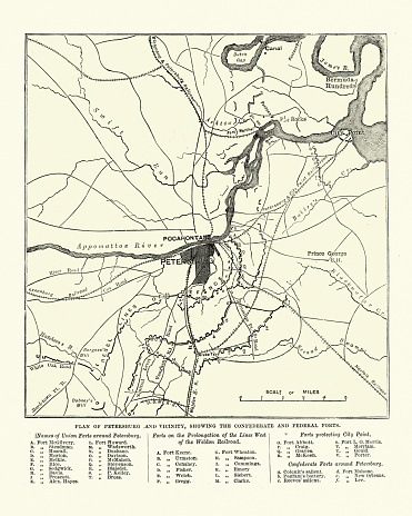 Vintage engraving of Map showing the Siege of Petersburg, American Civil War.