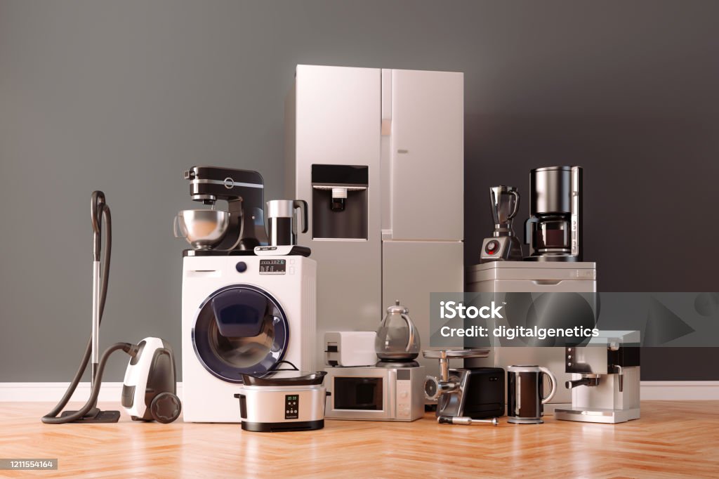 3d render of home appliances collection set Electrical Equipment Stock Photo