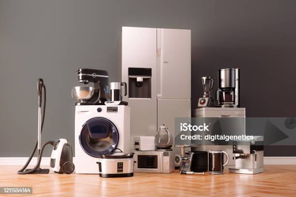 3d Render Of Home Appliances Collection Set Stock Photo - Download Image Now - Electrical Equipment, Appliance, Domestic Life