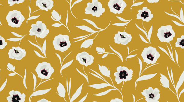 ilustrações, clipart, desenhos animados e ícones de vintage desenhado padrão floral abstrato sem emendas. flores brancas no fundo amarelo. ilustração vetorial elegante - yellow anemone