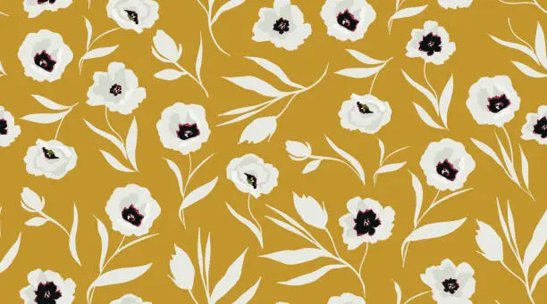 Vector illustration of vintage hand drawn abstract seamless floral pattern. white flowers on yellow background. stylish vector illustration