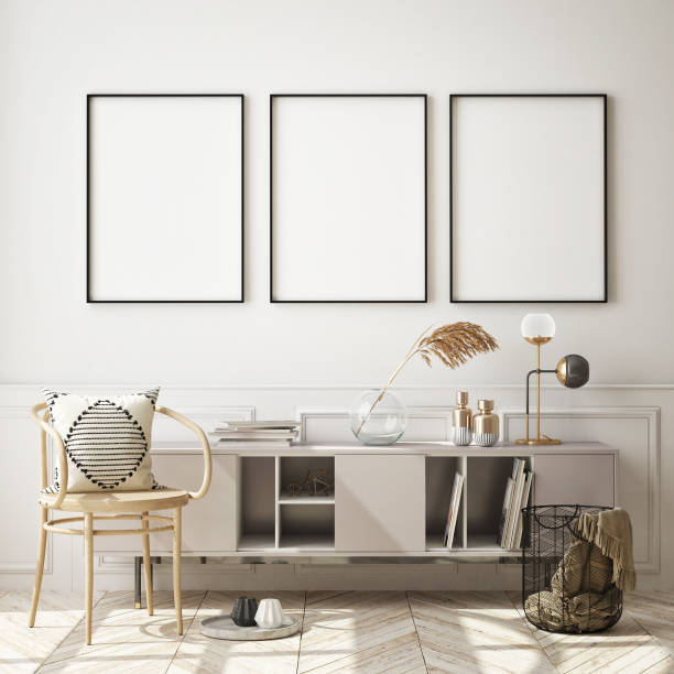 istock mock up poster frame in modern interior background, scandinavian style, 3D render 1211556484