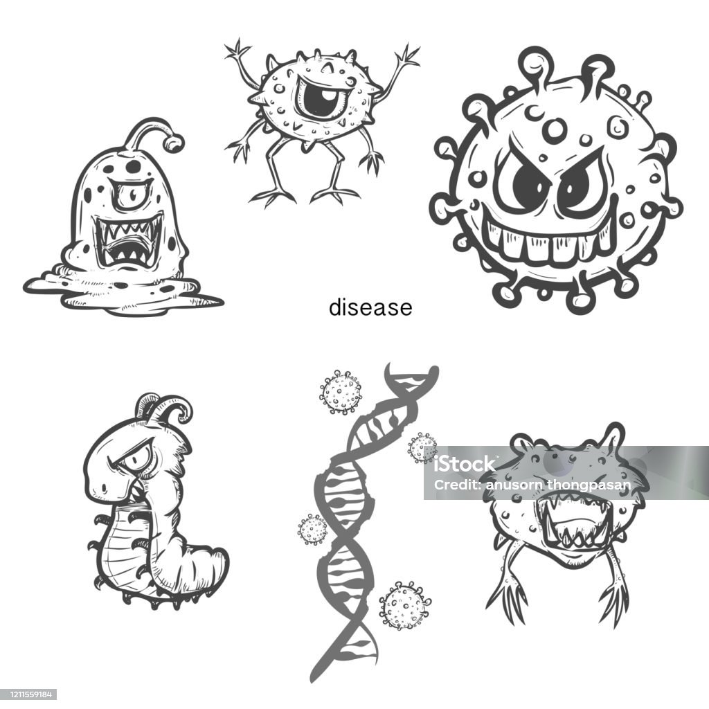 Character Diseases Virus Cartoon Set Doodle Style