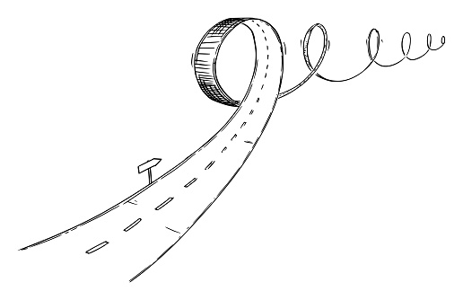 Vector black and white conceptual business drawing or illustration of turbulent road, problem or obstacle in way, uncertain direction and difficult choices.