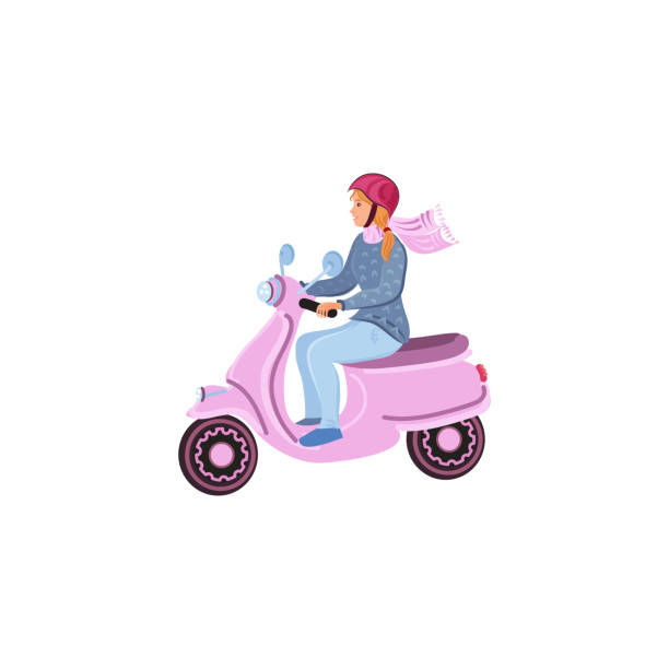 Woman Riding On A Motorbike Vector Illustration In A Flat Cartoon Style  Stock Illustration - Download Image Now - iStock