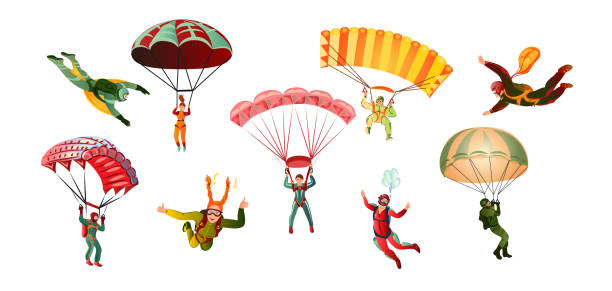 ilustraciones, imágenes clip art, dibujos animados e iconos de stock de colorido conjunto de paracaidistas. ilustración vectorial en estilo de dibujos animados planos - caída libre paracaidismo