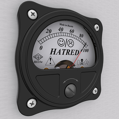 One analog indicator showing the level of HATRED in percentage - almost 100% of hatred. 3D illustration