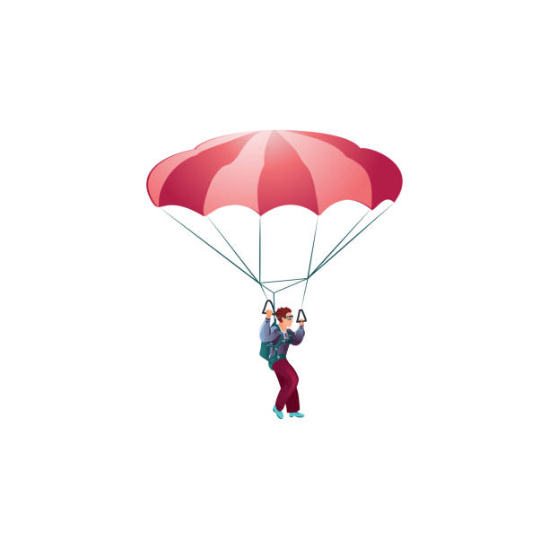 istock Parachute jumper in the green suit flying with the red parachute. Vector illustration in a flat cartoon style. 1211560700