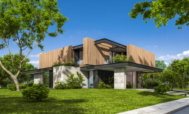 istock 3d rendering of modern house with wood plank facade 1211561822