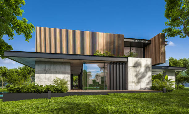 istock 3d rendering of modern house with wood plank facade 1211561838