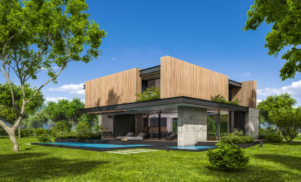 istock 3d rendering of modern house with wood plank facade 1211562049