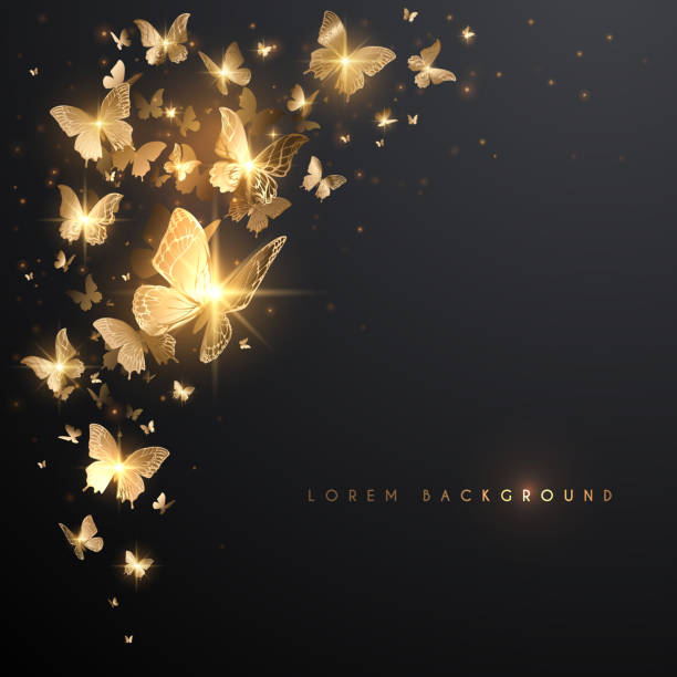 Gold Butterflies With Light Effect On Black Background Stock Illustration -  Download Image Now - iStock