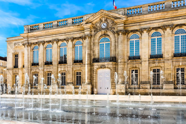 fountain in front of the city hall building. beauvais, france - beauvais imagens e fotografias de stock