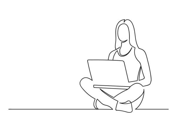 ilustraciones, imágenes clip art, dibujos animados e iconos de stock de hermosa mujer se sienta en el suelo y sosteniendo la computadora portátil - contorno ilustraciones
