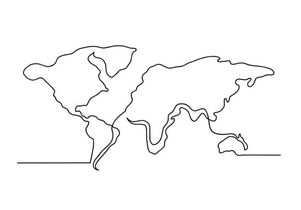 Continuous one line drawing of a world map Continuous one line drawing of a world map. Business concept. Earth planet silhouette isolated on white background. Vector illustration travel drawings stock illustrations