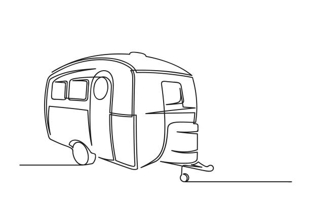 Continuous one line drawing of motorhome Continuous one line drawing of motorhome.Travel concept. Motorhome isolated on a white background. Vector illustration rv stock illustrations