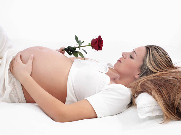 Pregnant woman holding red rose stock photo