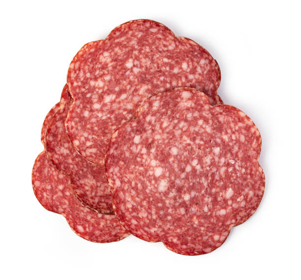 istock Slices of salami on a white background. 1211564639