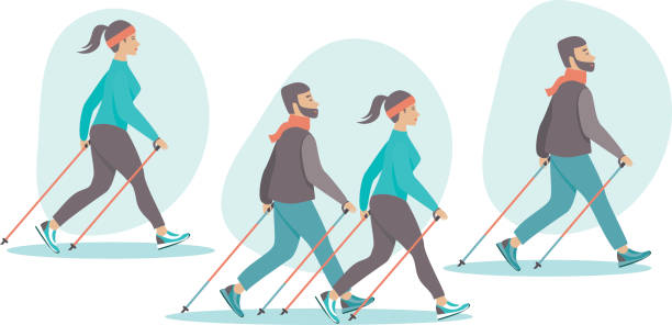 Young couple making nordic walking training together Young couple making nordic walking training together flat vector illustration nordic walking pole stock illustrations