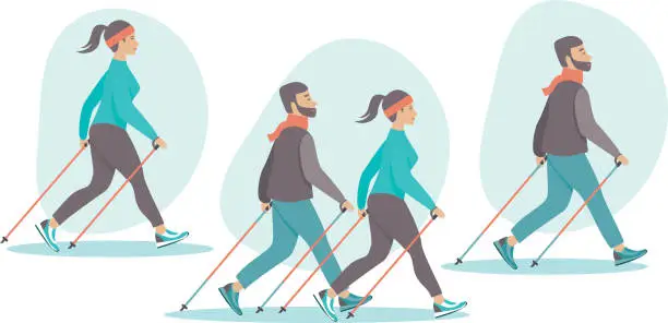 Vector illustration of Young couple making nordic walking training together