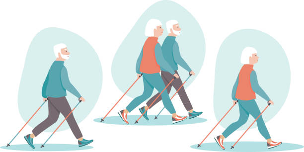 노르딕 워킹 트레이닝을 함께 하는 노인 부부 - nordic walking walking relaxation exercise women stock illustrations