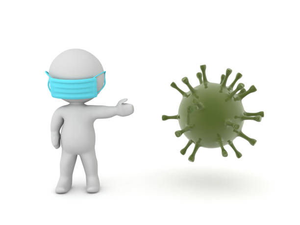 istock 3D Character wearing mask next to virus germ bacteria 1211565344