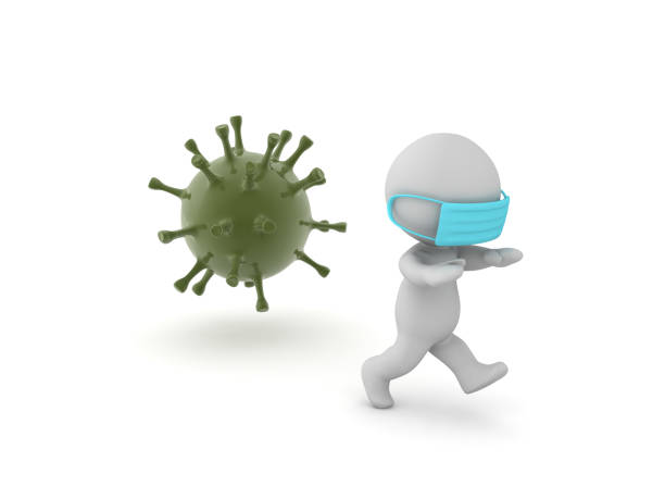 istock 3D Character wearing medical mask runs away from virus microbe 1211565411