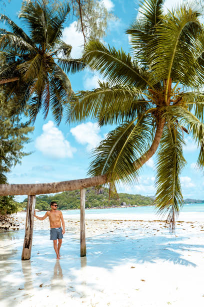 istock Praslin Seychelles,young men on tropical beach with palm tree, white beach man walking Seychelles Island, tanning men on tropical vacation 1211566461