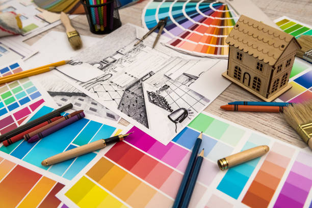 istock Interior design concept - apartment sketch with color palette and tools. 1211567702