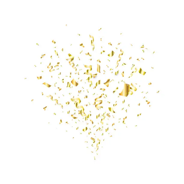 Vector illustration of Golden confetti flying on white background. Party gold confetti, serpentine. Confetti explosion. Bright festive tinsel. Holiday design elements. Vector illustration