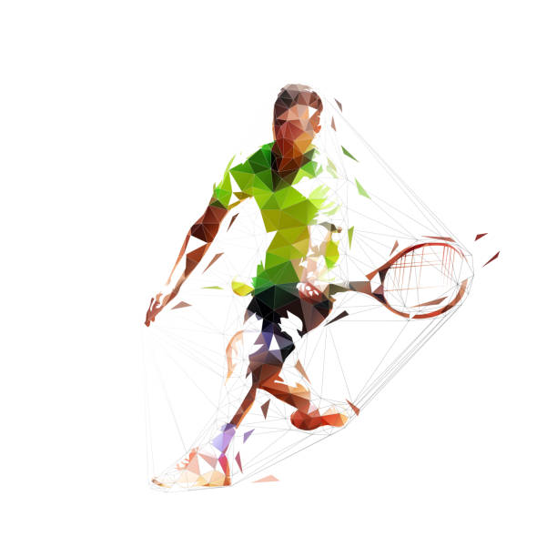 tennisspieler, abstrakte niedrige polygonale vektor-illustration, isolierte geometrische zeichnung - tennis stock-grafiken, -clipart, -cartoons und -symbole