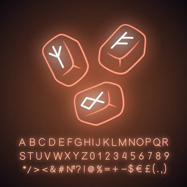 ilustrações de stock, clip art, desenhos animados e ícones de rune stones neon light icon. scandinavian, nordic runestones. viking alphabet stones with runic inscription. rune reading, fortune telling. glowing alphabet, numbers. vector isolated illustration - fortune telling paranormal neon light prophet