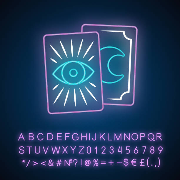 ilustrações de stock, clip art, desenhos animados e ícones de tarot cards neon light icon. tarocchi, tarock, oracle playing cards. fortune telling, divination, cartomancy. magic and superstition. glowing sign with alphabet, numbers. vector isolated illustration - fortune telling paranormal neon light prophet