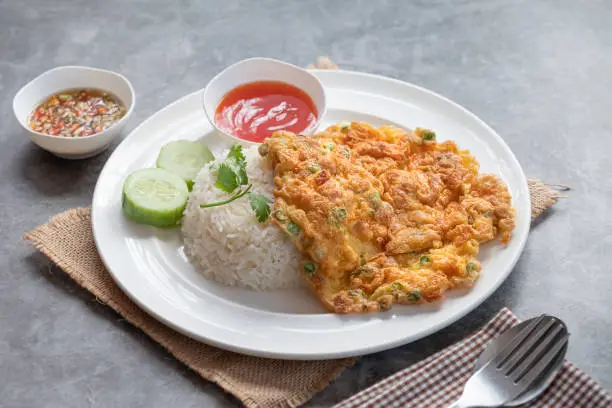 Photo of Thai style pork omelette with rice.