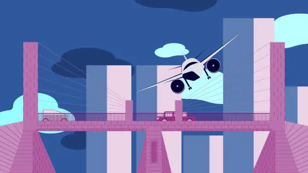 Vector illustration of Airplane flying over the bridge - Modern vector cityscape.