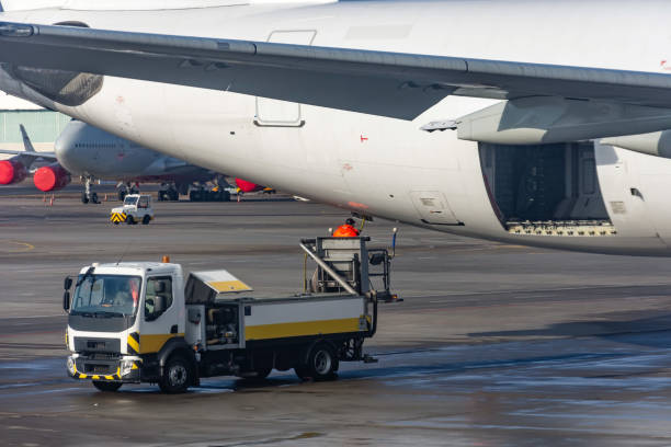 istock Passenger toilets waste pumping machine, aircraft cesspool machine. 1211573798