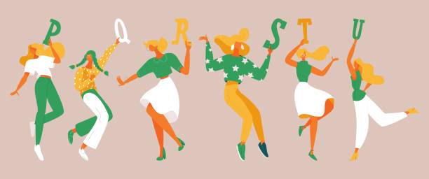 Dancing girls with elements of alphabet in their hands. English letters p, q, r, s, t, u. Green and yellow, white colors Dancing girls with elements of alphabet in their hands. English letters p, q, r, s, t, u. Green and yellow, white colors letter u with words stock illustrations