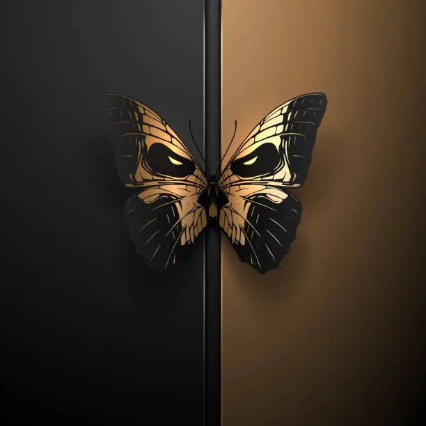 Vector illustration of Butterfly with skull surface on black and gold background