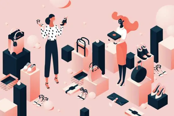 Vector illustration of Fashion accessorie shop in isometric style. Girls or young women choosing shoes and bags. Pink and black concept illustration