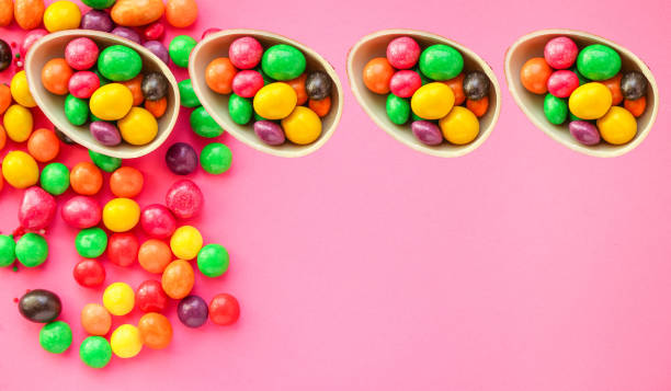 istock chocolate egg and candy Happy  easter decor. menu concept background. top view. copy space for text 1211575216