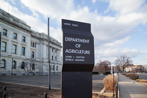 Washington D.C., USA - February 29, 2020: Sign of The United States Department of Agriculture (USDA) at its headquarters building in Washington, D.C. USA.