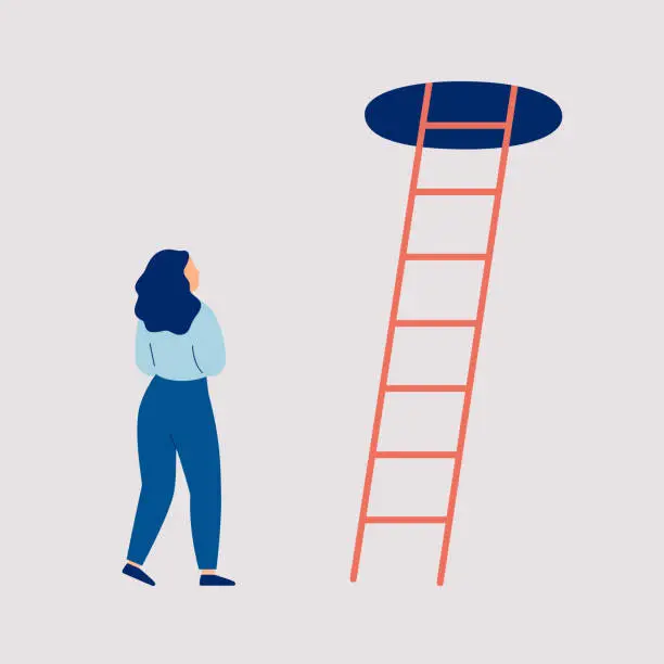Vector illustration of Girl in doubt and indecision stands of the stairs to the top