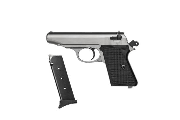 istock Small black silver modern pistol. Ladies' pistol. Weapons for hidden wearing.Gun isolate on a white background. 1211578428