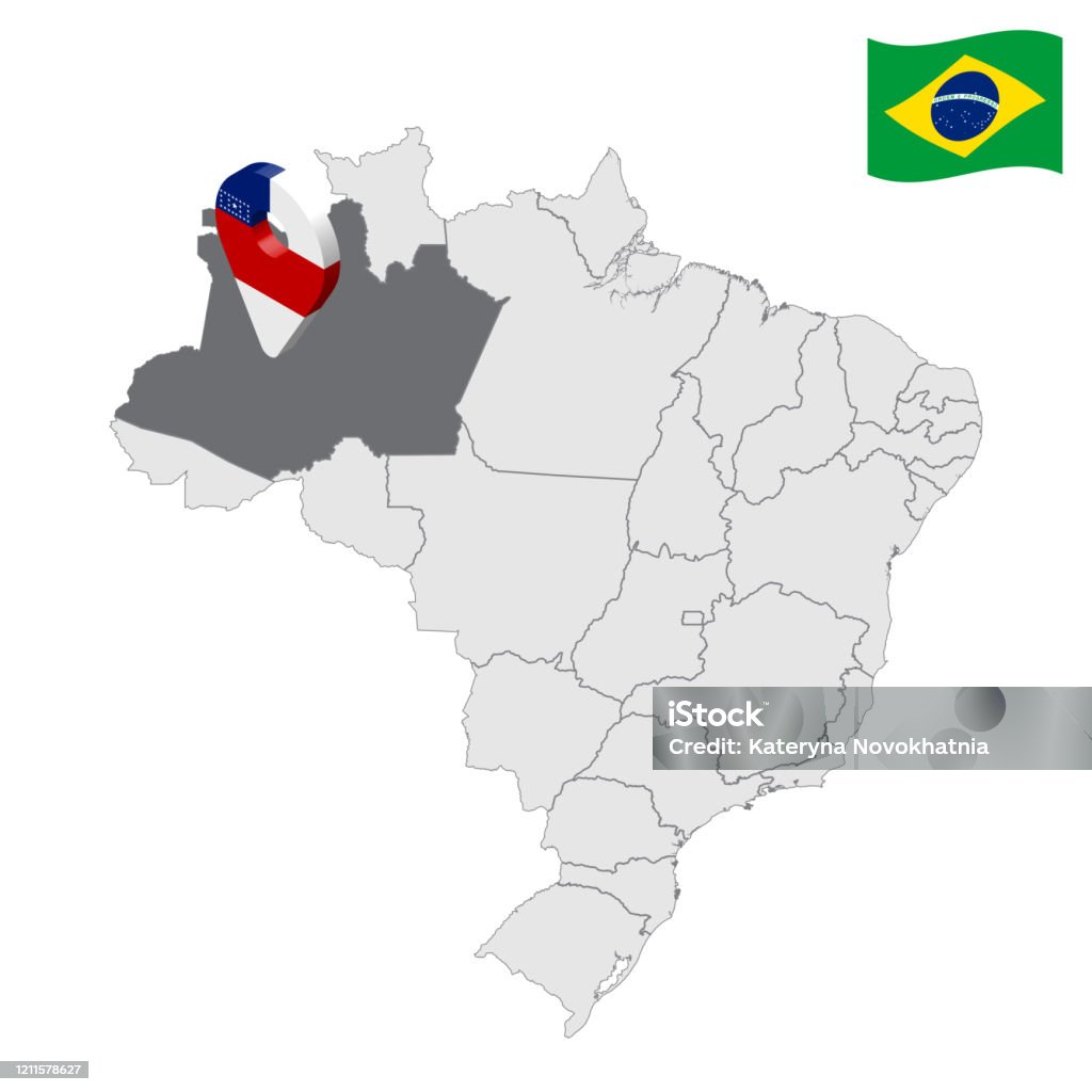 Localização do Amazonas no mapa Brasil. 3d Sinal de localização do Amazonas. Bandeira do Amazonas. Mapa de qualidade com regiões do Brasil. Vetor de estoque. EPS10. - Vetor de Mapa royalty-free