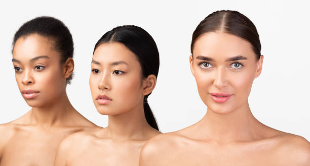 istock Three Naked Multiethnic Girls Posing Over White Background, Panorama 1211579706