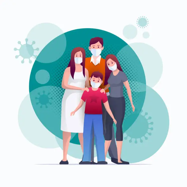 Vector illustration of Parent and children are wearing masks for anti virus, prevent germs, cov-19.