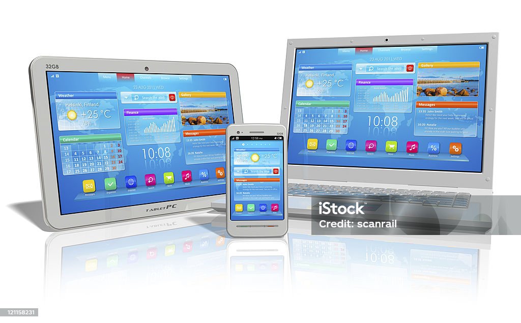 Tablet, laptop e telefone em fundo branco - Foto de stock de Sistema operativo royalty-free