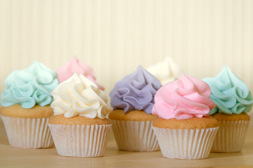 Retro Style Home Made Cupcakes With Pastel Colored Butter Cream Icing