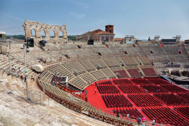 Arena di Verona. The roman amphitheater of Verona. Interior view Verona, Italy - July 3, 2019: Arena di Verona. The roman amphitheater of Verona city. Interior view verona opera stock pictures, royalty-free photos & images