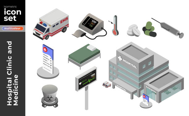 ilustrações de stock, clip art, desenhos animados e ícones de hospital, clinic and medicine isometric icon illustration set on white background. vector stock illustration. - pulse trace human heart heart shape healthcare and medicine